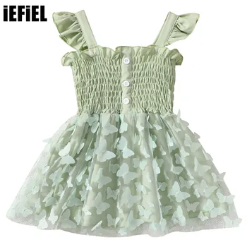 3D Kelebek Bebek Kız Elbise 2023 Yaz Yeni Stil Dekore Prenses Sling Fırfır Omuz doğum günü partisi elbisesi Sevimli Kız