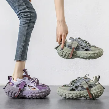 Kalın tabanlı Delikli Lastik Baba Ayakkabı kadın Yaz Nefes Spor Sandalet 2023 Yeni Deri Rahat Delik Net Ayakkabı