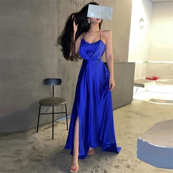 Basit Spagetti kayışı Kraliyet Mavi A-Line Örgün Durum balo kıyafetleri Kat uzunlukta Kadınlar Akşam Parti Elbise فساتين السهرة