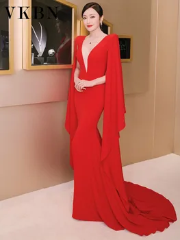 VKBN İlkbahar Sonbahar Maxi Elbise Kadınlar Gevşek Kırmızı Yüksek Bel V Yaka Kat Uzunlukta Moda Yeni 2023 Abiye
