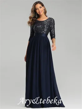 A-Line Zarif Düğün Konuk Örgün Akşam Elbise Jewel Boyun 3/4 Uzunluk Kollu Kat Uzunluk Şifon Payetli Pullu 2021