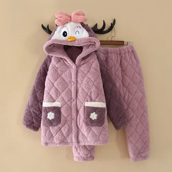 Yeni Mercan Kadife Kış çocuk pijamaları Seti Pazen Üç katmanlı Pamuk Kalın Takım Elbise Kız Karikatür Kapşonlu Pijama Ev Giysileri
