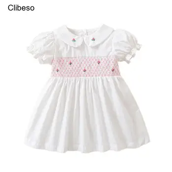 2023 Clibeso Butik Tasarım El Yapımı Nakış yaz elbisesi Bebek Kız Çocuklar için Vintage Önlüklü Beyaz Elbiseler çocuk kıyafetleri