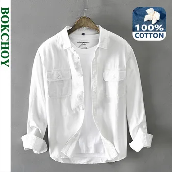 Sonbahar Kış Yeni Erkek Yeni erkek Beyaz Uzun Kollu Gömlek Saf Pamuk Retro Tarzı Düğme Cep Beyaz İş Giysisi GA-Z102