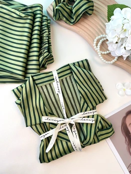 QWEEK kadın Pijama Seti Turn Down Yaka Tasarım Lüks Yeşil Çizgili Pijama İpek Gibi Ev Giysileri Yaz Kıyafeti