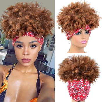 Sentetik Türban Wrap Kafa Bandı kahküllü peruk Kısa Afro Kinky Kıvırcık Saç İpli Elastik Bant İle Eşarp Puf Peruk Kadınlar İçin