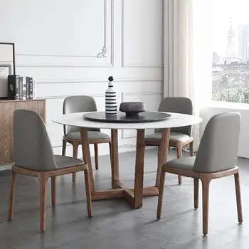 Kuzey Avrupa katı ahşap Ayaklı mermer masa Döner Tablalı Modern Basit Yuvarlak yemek masası Ve Sandalye Kombinasyonu
