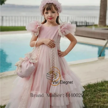 Kepçe Bir Çizgi Çiçek Kız Elbise Kızlar için 2023 Yaz Yumuşak Tül Kolsuz Düğün Parti Törenlerinde Yeni Dantel Vestido De Noche
