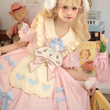 Japon Kawaii Lolita OP Elbise Kadın Tatlı Yay Karikatür Tavşan Desen Kapalı Omuz Kısa Kollu Elbiseler Kızlar Harajuku Giyim