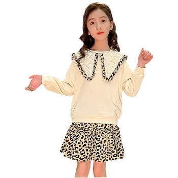 Yeni Gelenler Kore Sonbahar giyim setleri Kızlar için Leopar Baskı Kazak + Etek çocuk Giysileri Rahat Kıyafetler 5-13Years
