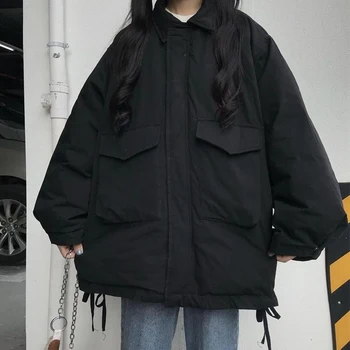 Streetwear Chic Harajuku Kargo Giyim Kış Punk Kadınlar Boy Ceket Kore Vintage Gotik Siyah Fermuar Uzun Kollu Ceket