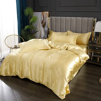 High End Düz Renk Saten Kraliçe Kral Yatak Takımları Lüks Ev Yorgan yatak örtüsü seti İpeksi Yorgan Kapakları Yastık Kılıfı Çarşaf Yatak Örtüsü