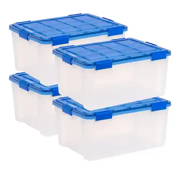 Kapaklı 60 Quart WeatherPro™ Conta Şeffaf Plastik Saklama Kutusu, Mavi, 4'lü Set