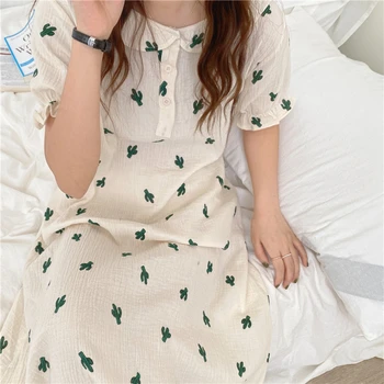 Kaktüs Baskı Yaz Gecelik Kadın O-boyun Kısa Kollu Casual Uzun Pijama Gevşek Pamuklu gece elbisesi Ruffles Düğmeler Gecelik