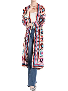Kadın Boho Çiçek Tığ Büyükanne Kare Hırka Kazak-Uzun Kollu ve Uzun Çizgili Tasarımlı Vintage Açık Ön Triko
