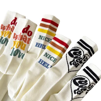 Unisex Çorap Kadın Erkek Çizgili Beyaz Pamuklu Spor Çift Çorap Calcetines Hip Hop Kore Streetwear Harajuku Moda Calcetines