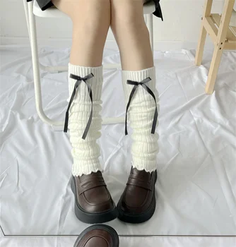 Bayanlar Kızlar Bacak ısıtıcıları Düz Renk Kadın Elastik Örme Çorap Yaylar bot paçaları Kapak Casual Streetwear Beyaz Bej Siyah