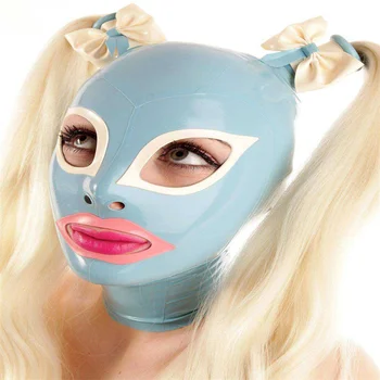 El yapımı Lateks Kaput Kauçuk Maske ile 2 Peruk Geri Fermuar Göl Mavi Beyaz Açık Göz Ağzı Kadınlar için