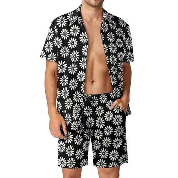 Siyah Zemin Üzerine Beyaz Papatyalar erkek Plaj Kıyafeti Yenilik 2 Parça Pantdress Vintage Dışarı Çıkmak Eur Boyutu