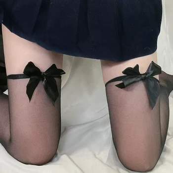 Kadınlar Seksi Dantel Yay Uzun Çorap Siyah Beyaz Diz Üzerinde Uyluk Yüksek Çorap Ultra İnce Çorap Bayanlar Kızlar için İlmek Diz çorap