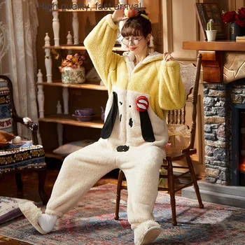 Pijama kadın Tek Parça İlkbahar, Sonbahar ve Kış Mercan Polar Kalınlaşmış Sevimli Karikatür Pazen Sıcak Pantolon Etek Ev Giyim
