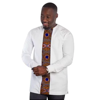 Streç Pamuk Kalın Beyaz Gömlek Erkekler İçin Uzun Kollu Patchwork Üstleri Özel Nijeryalı Moda Kıyafetler