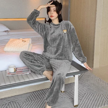 Uzun Kollu Pijama Kıyafeti 2 Adet Gömlek Pantolon uyku tulumu Yuvarlak Boyun Sonbahar kışlık kazak Pijama Pazen Ayı Gecelik