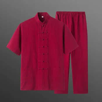 Yourqıpao Yaz 2023 Kırmızı Tang Takım Elbise Bambu Pamuk İnce Rahat Retro Toka Çin Geleneksel Tarzı Pantolon Üstleri Setleri erkekler için