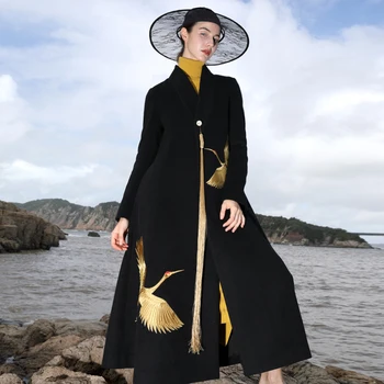 Çin Etnik Çin Tarzı kadın Giyim Retro Beyaz Siyah Yün Ceket Ultra Uzun over-the-Diz İşlemeli Yün Ceket
