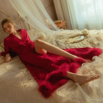 Kadın Saten Pijama Gelin Düğün Bornoz Yeni Kat Uzunluk Elbise Lüks Tüy Sabahlık Bordo Gelin Sabah Elbisesi
