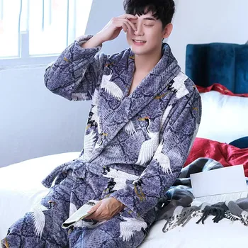 Gecelik Rahat Gevşek Kimono Bornoz Çin Erkekler Rahat Pazen Ejderha Vinç Elbise Artı Boyutu 3XL Kış Kalın Sıcak Pijama