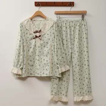 Fdfklak Saf Pamuklu Pijama kadın İlkbahar Sonbahar günlük giysi Pantolon Ev Hizmeti Çiçek Baskı İki Parçalı pijama takımı