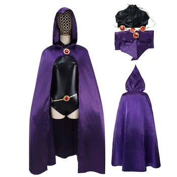 Teen Titans Raven Cosplay Kostüm Tulum Kemer Mor Pelerin Cadılar Bayramı Üniforma Peruk Tam Set