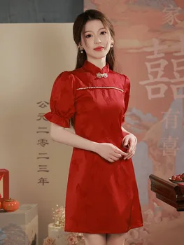 2023 İlkbahar ve Yaz Yeni Çin Cheongsam Kısa Bölüm Standı Yaka Retro kadın Elbise Mini Qipao Düğün Parti Elbise