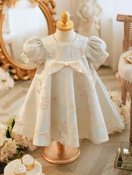 Parti Elbise Kız için 2023 Bebek Giysileri Lüks Elbiseler Çocuk Baskılı Yay ile balo elbisesi Vaftiz Bebek Vintage Akşam