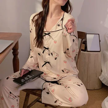Pijama kadın İlkbahar ve Sonbahar Uzun Kollu Pantolon Gevşek Uydurma Ev Giyim Seti Dışarıdan Takılabilir