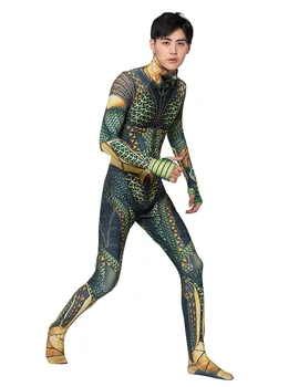 Film Komik 3D Eti Altın Aquaman Cosplay Bodysuit Cadılar Bayramı Cosplay Kostüm Tek parça Takım Elbise Yetişkin için