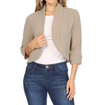 Kadınlar Düz Kırpılmış 3/4 Kollu Blazer Takım Elbise Ceket Ceket Açık Omuz Silkme Hırka Düz Renk Düğmesiz Ofis Moda Kısa Blazer