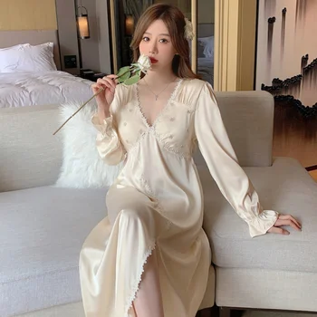 Pijama kadın Tatlı Buz İpek Düz Renk Basit Seksi Prenses Tarzı Gecelik Uzun Kollu Yüksek Dereceli Ev Giyim