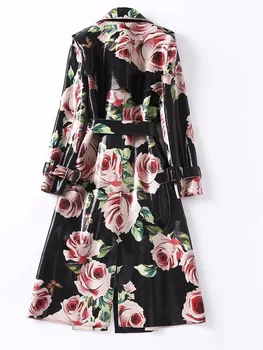 Sonbahar Kış Çiçek Baskı Trençkot Kadınlar için 2023 Turn Down Yaka Siyah Uzun Rüzgarlık PU Deri Ceket Giyim