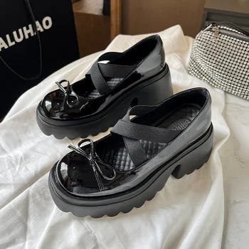 Bahar 2023 Kanat Yay Yuvarlak Ayak Kalın tabanlı Kalın topuklu Fransız Mary Jane Ayakkabı Elastik Rahat Patent Deri Kadın Ayakkabı 6-8mm