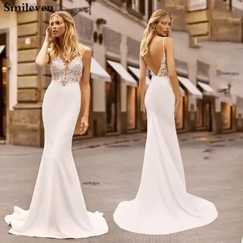 Smileven Mermaid düğün elbisesi Saten Backless Boho gelinlikler Aplike Dantel Zarif Vestido De Noiva Gelinlikler 2019