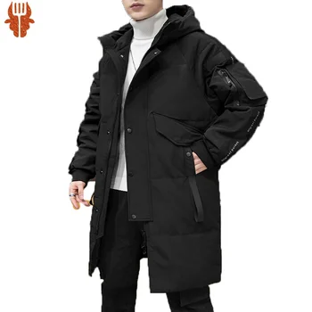 Erkekler Kış Uzun Aşağı Ceket Erkekler Kore Tarzı Moda Su Geçirmez Kapüşonlu Ceket Rüzgar Geçirmez Yumuşak Kabuk Aşağı Ceket Erkekler İçin