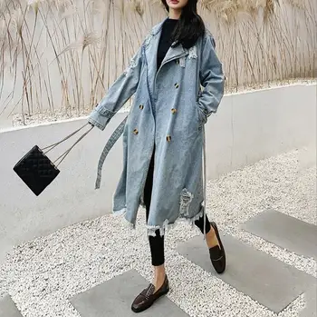 Vintage Denim Ceket Kadın Moda Jean Trençkot Klasik Delik Uzun Rüzgarlık Kadın 2023 Streetwear Gevşek Palto w592