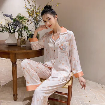 Buz İpek Pijama Kadınlar için 2023 İlkbahar ve Sonbahar Yeni Uzun Kollu Pantolon Baskılı Hırka Rahat Açık Ev Tekstili