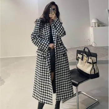 Kadın Moda Kontrol Kruvaze Giyim Şık Palto Yün Ceket Kore Uzun Kollu Flap Cepler Kadın Kış V11