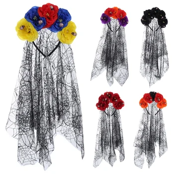 Cadılar bayramı Kafatası Çiçek Kafa Çember Renkli Çiçek Gotik Hairband Büyük Çiçek Dantel Peçe Saç Çember Punk Örgü Gazlı Bez Kafa Bandı