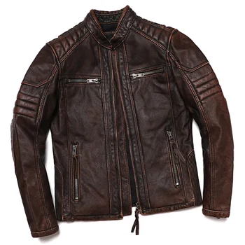 2023 Yeni Motosiklet Ceketler Erkekler Vintage Kahverengi Tarzı Deri Ceket 100 % Hakiki İnek Derisi Ceket Erkek İnce Biker Giyim 6XL