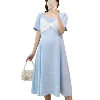 Hamile elbiseleri yaz giysileri Hamile Kadınlar İçin 2023 Yeni Moda Sevimli Zarif O-boyun Patchwork Büyük Yay Gebelik Elbise