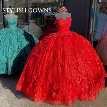 Kırmızı El Yapımı 3D Çiçekler Balo Quinceanera Elbiseler Boncuklu Doğum Günü Partisi Törenlerinde Sevgiliye Balo Elbise Prenses Vestidos De 15